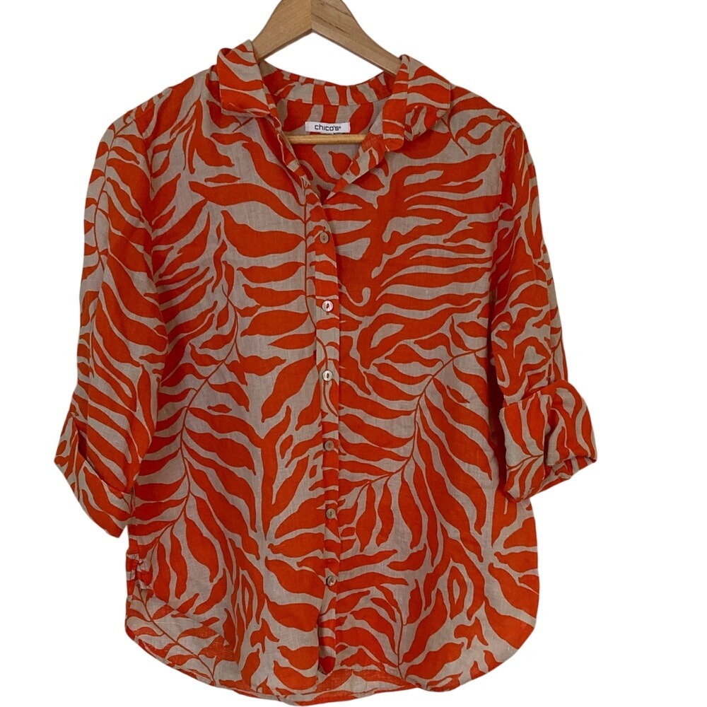 Chico's Womens Vibrant Orange Tropical Button Up Shirt Size Large Linen 3/4 Slv